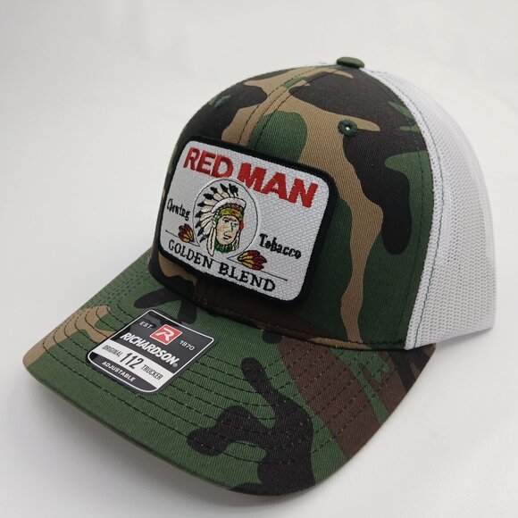 Camo And White Mesh Snapback Red Man Patch Curved Bill Hat - Picture 3 of 4